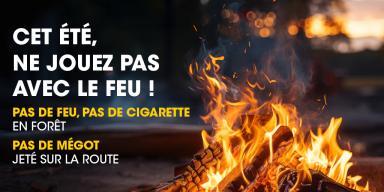 Cet été, ne jouez pas avec le feu ! pas de feu, pas de cigarette en forêt pas de mégot jeté sur la route - Agrandir l'image, fenêtre modale