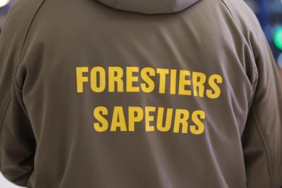 Un adulte vu de dos porte une veste marron avec l’inscription jaune “FORESTIERS SAPEURS”. Le décor suggère un espace intérieur lumineux, possiblement un hall ou une salle de regroupement. D’autres personnes semblent présentes autour, indiquant un contexte officiel. Il s'agit de cérémonie des voeux au personnel des forces de l'ordre et de secours des Bouches-du-Rhône. - Agrandir l'image 5 sur 18, fenêtre modale