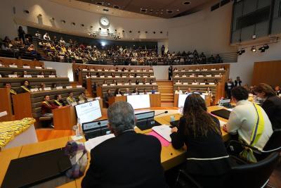 Hémicycle rempli de jeunes répartis par rangées. Devant eux, plusieurs adultes dirigent la séance. L’ambiance est studieuse, avec pupitres, écrans, micros et un large horloge murale dominant la salle. - Agrandir l'image 3 sur 6, fenêtre modale