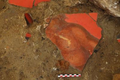 gros morceau de fresque de couleur orange, représentant le torse velu d'un personnage - Agrandir l'image 6 sur 14, fenêtre modale