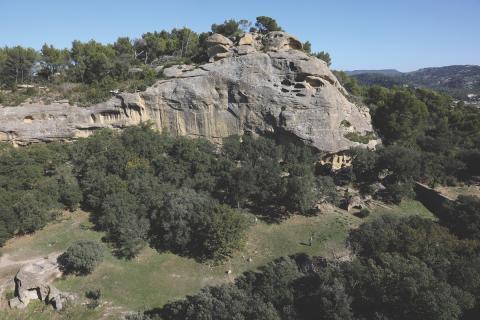 Grande falaise rocheuse beige avec des cavités, entourée de végétation dense et de pins, sous un ciel dégagé.