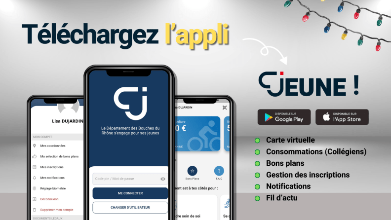 télécharger l'appli C jeune : sur google play et app store. Carte virtuelle, consommations, bons plans, gestion des inscriptions, notifications, fil d'actu